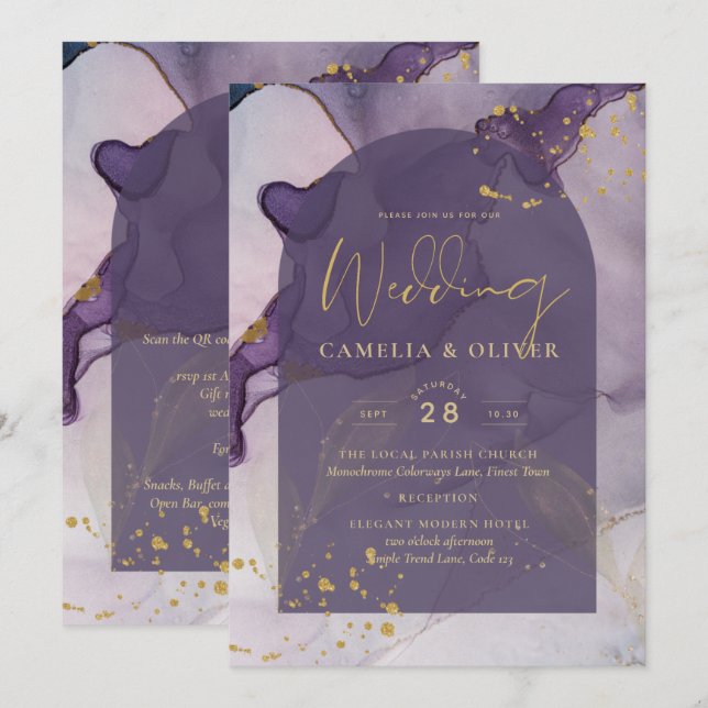 LeahG Ink Ombre Purple Lavender Gold Wedding Invitation (Front/Back)