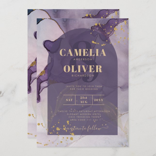 LeahG Ink Ombre Purple Lavender Gold Wedding Invitation (Front/Back)