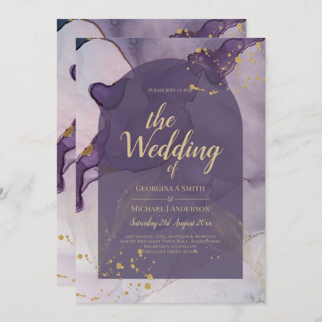 LeahG Ink Ombre Purple Lavender Gold Wedding Invitation (Front/Back)