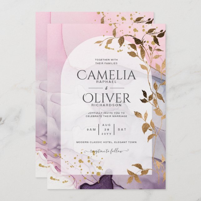 LeahG Ink Ombre Purple Pink Pink Gold Wedding Invitation (Front/Back)