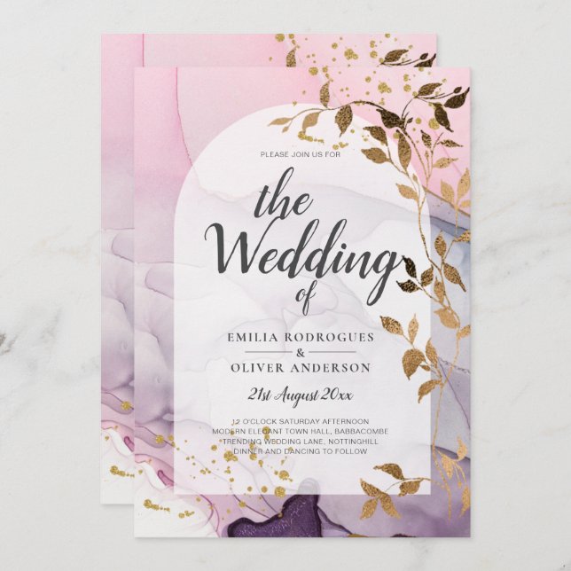 LeahG Ink Ombre Purple Pink Pink Gold Wedding Invitation (Front/Back)