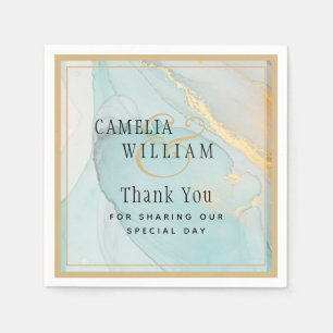 LeahG INK Sea Glass Teal Gold Wedding Napkin