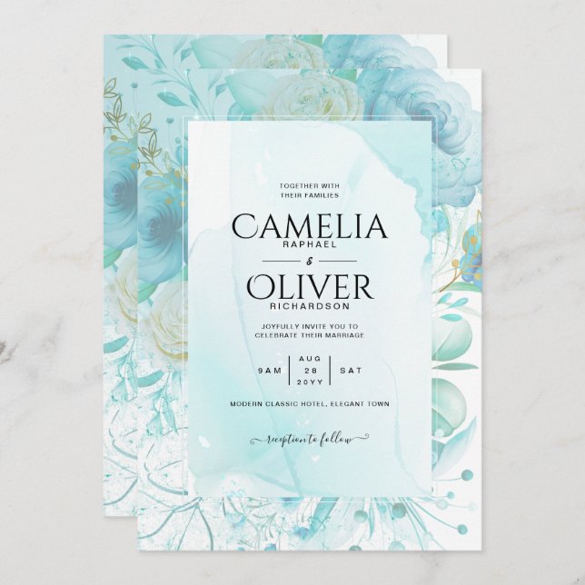 LeahG INK Sea Glass Turquoise Aqua Abstract INVITE (Front/Back)