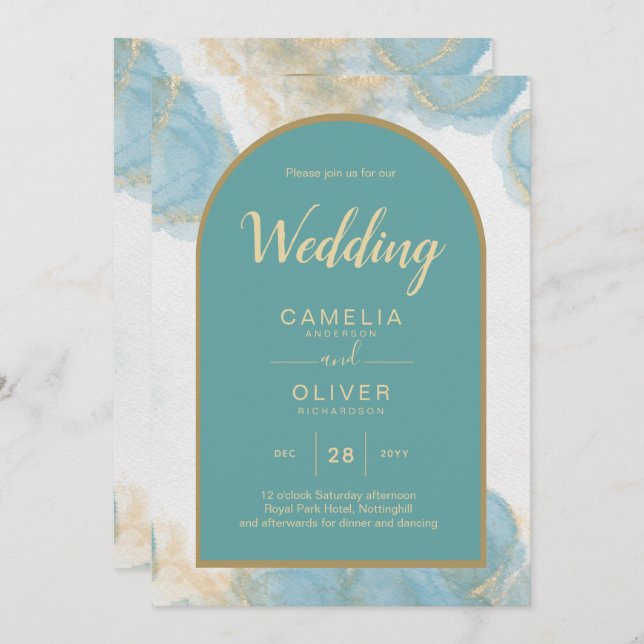 LeahG INK Sea Glass Turquoise Teal Gold INVITE (Front/Back)