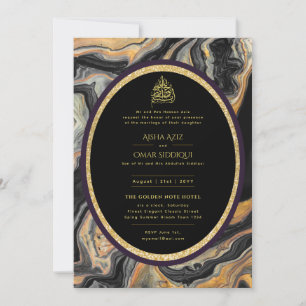LeahG Islamic Wedding Black Gold Marble Nikah  Invitation