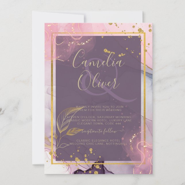 LeahG® Lavender INK Mauve Purple Gold Wedding Invitation (Front)