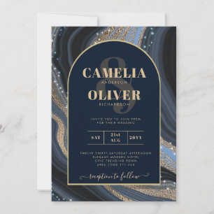LeahG Navy Blue Gold Agate STARRY NIGHT Wedding  Invitation