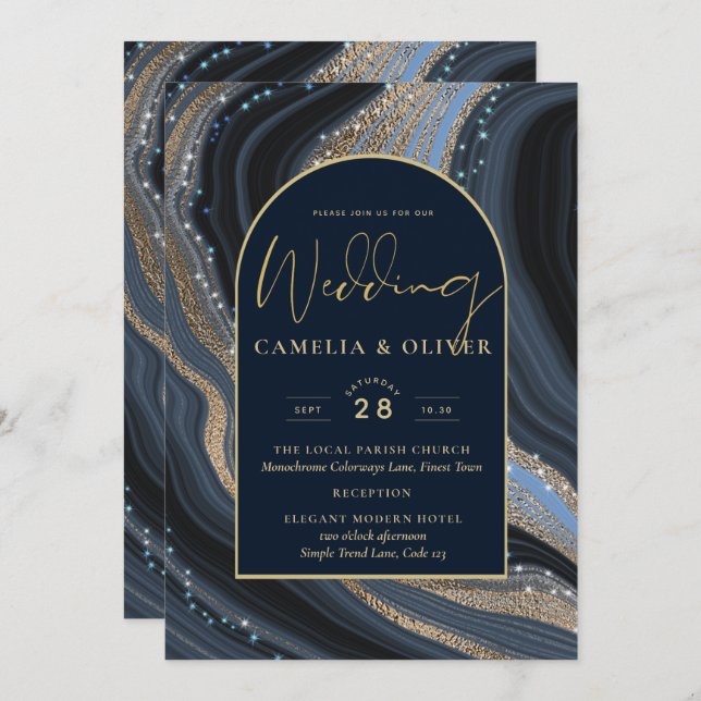LeahG Navy Blue Gold Agate STARRY NIGHT Wedding  Invitation (Front/Back)