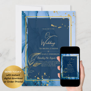 LeahG® Navy Blue Gold Alcohol Ink Wedding Invitation