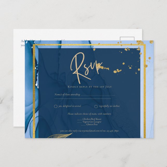 LeahG® Navy Blue Gold Alcohol Ink Wedding Postcard (Front/Back)