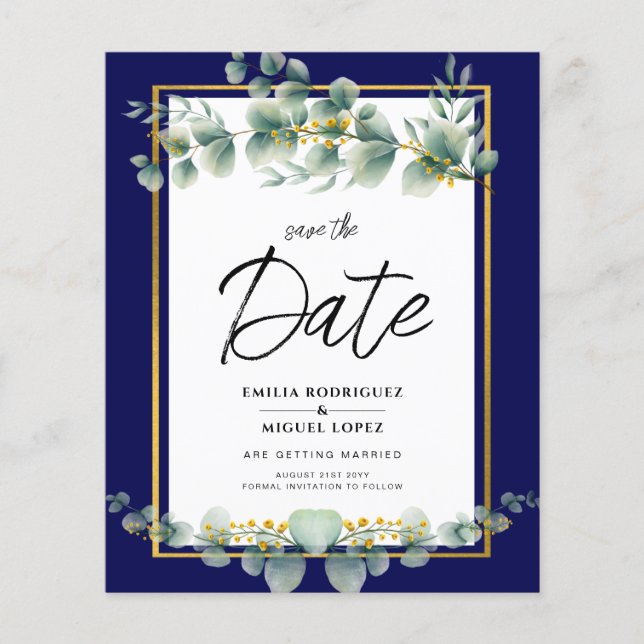 LeahG NAVY BLUE GOLD Greenery Eucalyptus Wedding Flyer (Front)