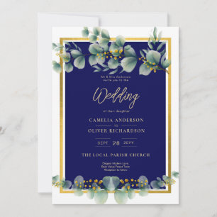 LeahG NAVY BLUE GOLD Greenery Eucalyptus Wedding Invitation