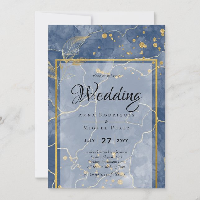 LeahG Navy Blue Gold INK Abstract Wedding INVITE (Front)