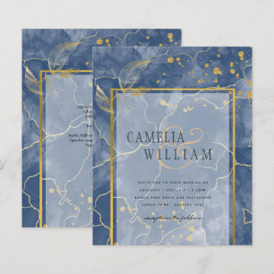 LeahG Navy Blue Gold INK Abstract Wedding INVITE