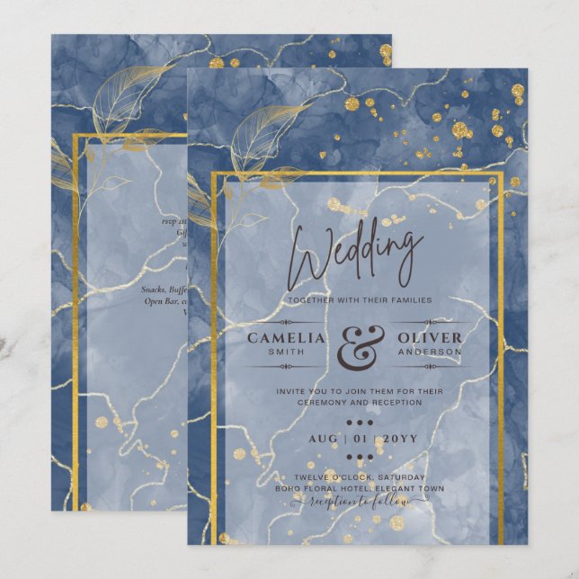 LeahG Navy Blue Gold INK Abstract Wedding INVITE (Front/Back)