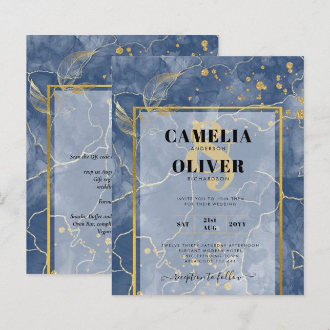LeahG Navy Blue Gold INK Abstract Wedding INVITE (Front/Back)