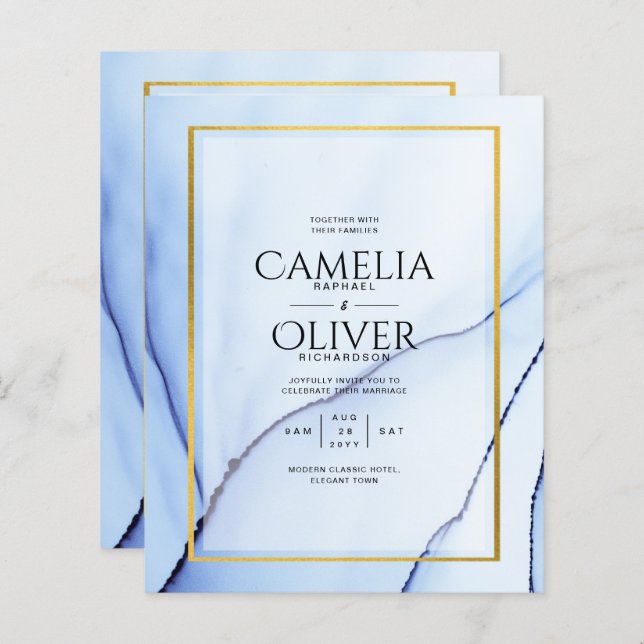 LeahG Navy Blue Gold INK Abstract Wedding INVITE (Front/Back)