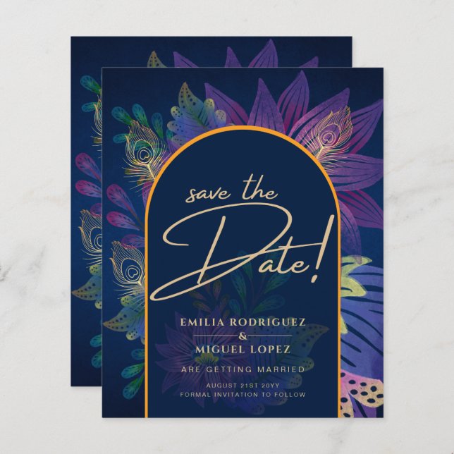LeahG Navy Purple Gold JEWEL TONES Wedding INVITE (Front/Back)