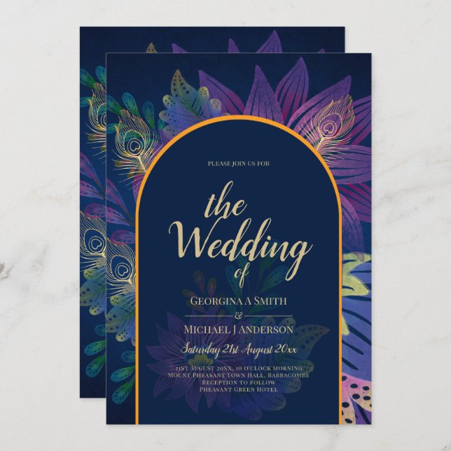 LeahG Navy Purple Gold JEWEL TONES Wedding INVITE (Front/Back)
