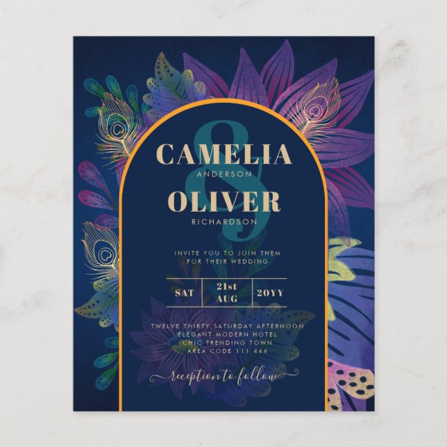 LeahG Navy Purple Gold JEWEL TONES Wedding INVITE (Front)
