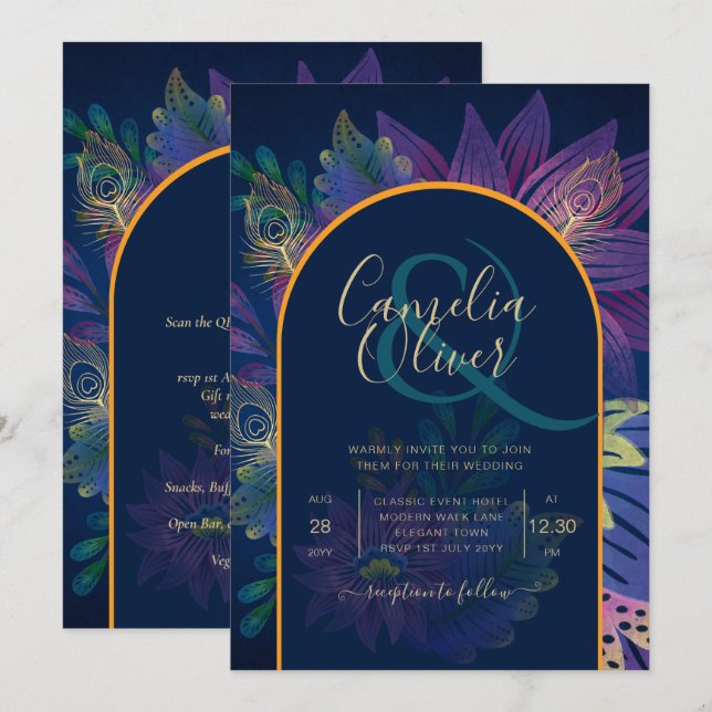 LeahG Navy Purple Gold JEWEL TONES Wedding INVITE (Front/Back)