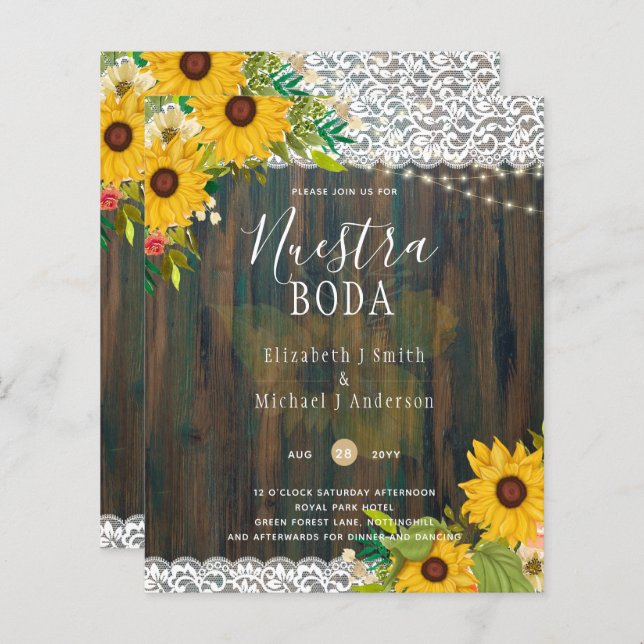 LeahG Nuestra Boda Sunflowers Lace Lights Invite (Front/Back)