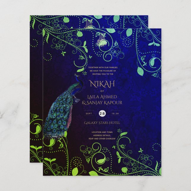 LeahG Peacock Blue Islamic Muslim Wedding Invites  (Front/Back)