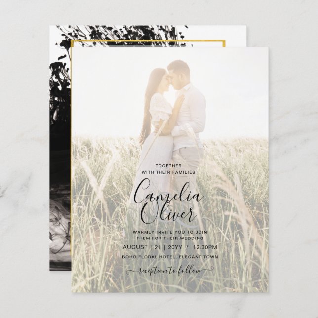 LeahG PHOTO Wedding Invite Black Gold INK  (Front/Back)