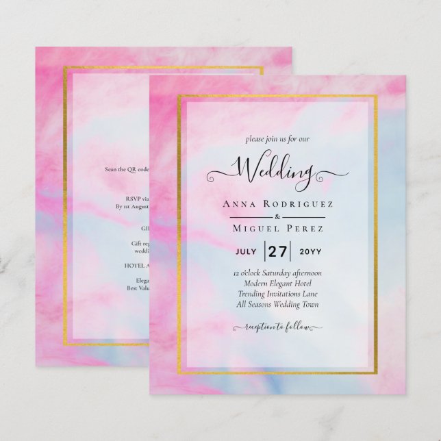LeahG Pink Aqua Blue Gold INK Wedding INVITE (Front/Back)