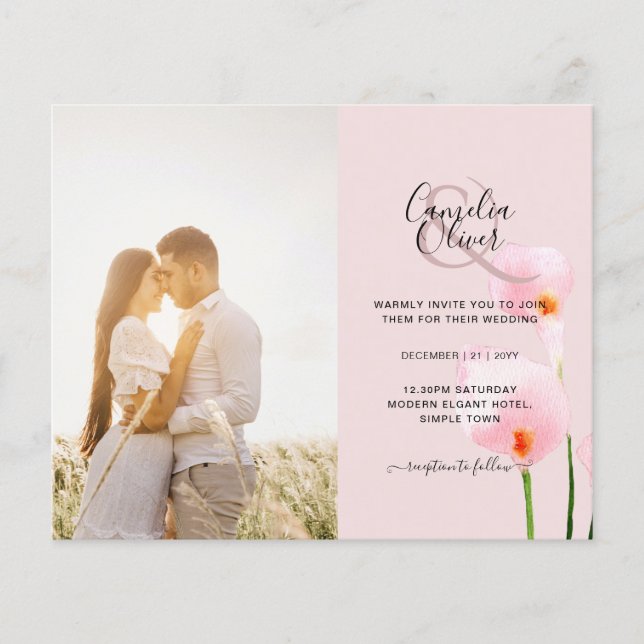 LeahG Pink Calla Lily PHOTO Overlay Wedding Invite (Front)