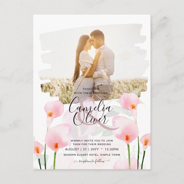 LeahG Pink Calla Lily PHOTO Overlay Wedding Invite Postcard (Front)