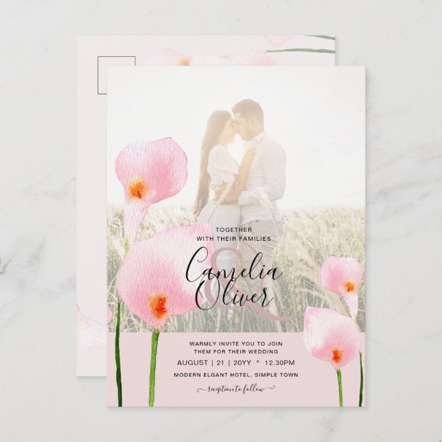 LeahG Pink Calla Lily PHOTO Overlay Wedding Invite Postcard (Front/Back)