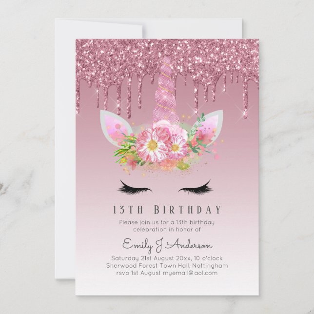 LeahG Pink Glitter Unicorn Girls Birthday Invites (Front)
