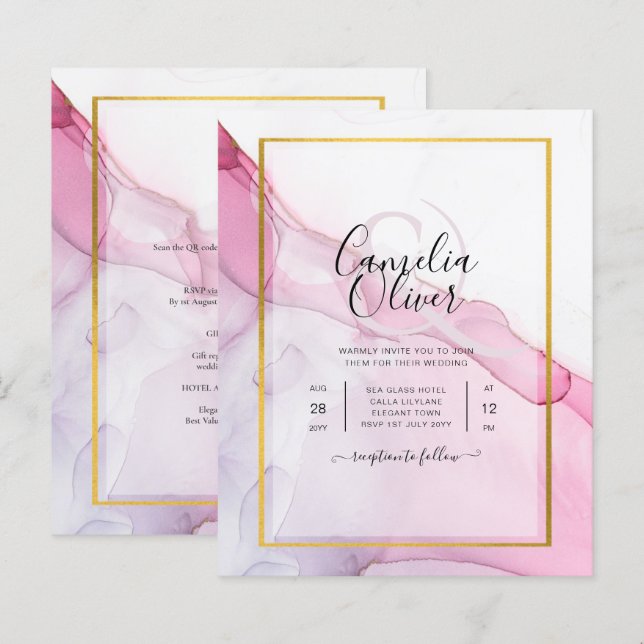 LeahG PINK Purple Ink Abstract Wedding INVITE (Front/Back)