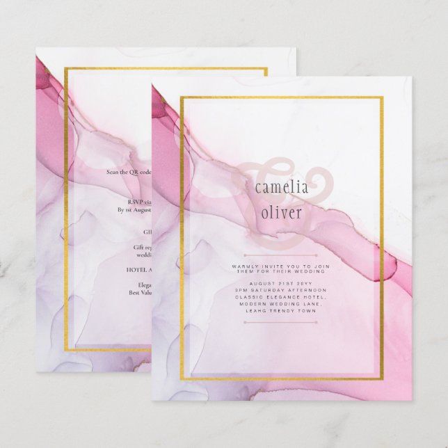 LeahG PINK Purple Ink Abstract Wedding INVITE (Front/Back)