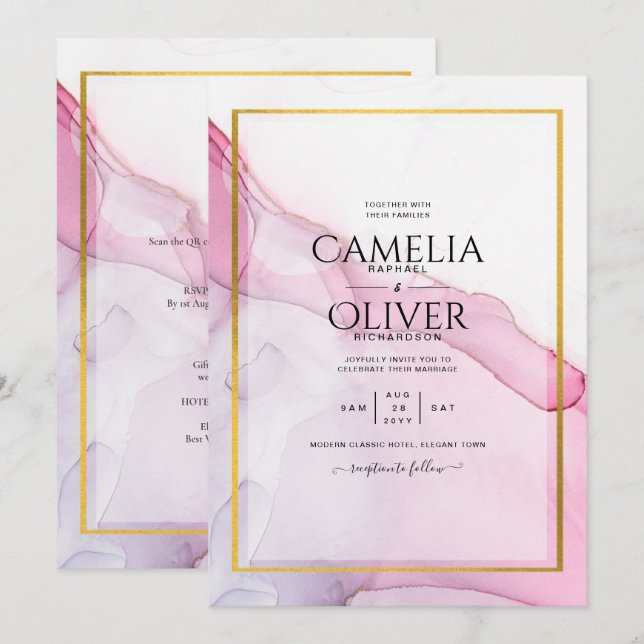 LeahG PINK Purple Ink Abstract Wedding INVITE (Front/Back)