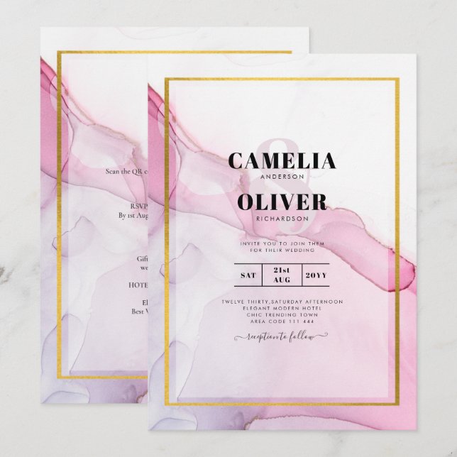 LeahG PINK Purple Ink Abstract Wedding INVITE (Front/Back)