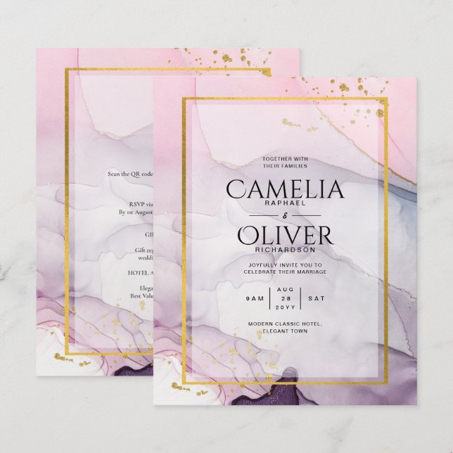 LeahG Pink Purple Lavender Gold INK Wedding INVITE (Front/Back)
