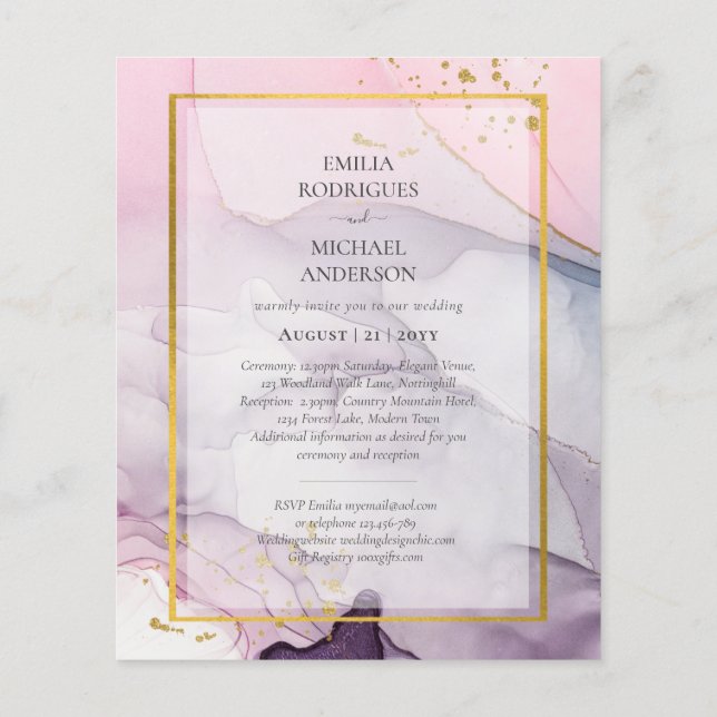 LeahG Pink Purple Lavender Gold INK Wedding INVITE Flyer (Back)
