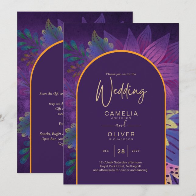 LeahG Plum Purple Gold JEWEL TONES Wedding INVITE (Front/Back)