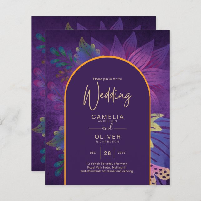 LeahG Plum Purple Gold JEWEL TONES Wedding INVITE (Front/Back)