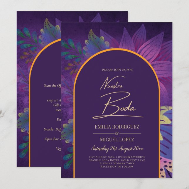 LeahG Plum Purple Gold JEWEL TONES Wedding INVITE (Front/Back)