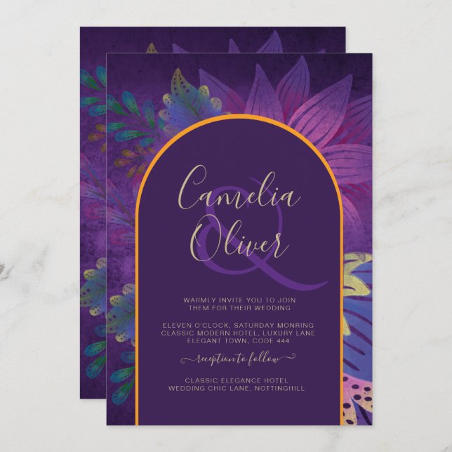 LeahG Plum Purple Gold JEWEL TONES Wedding INVITE (Front/Back)