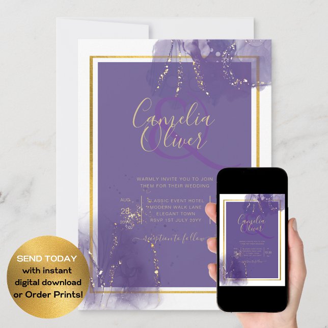 LeahG PURPLE GOLD Wedding Lavender ALCOHOL INK Invitation (Creator Uploaded)