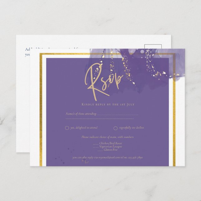 LeahG PURPLE GOLD Wedding Lavender INK RSVP Postcard (Front/Back)