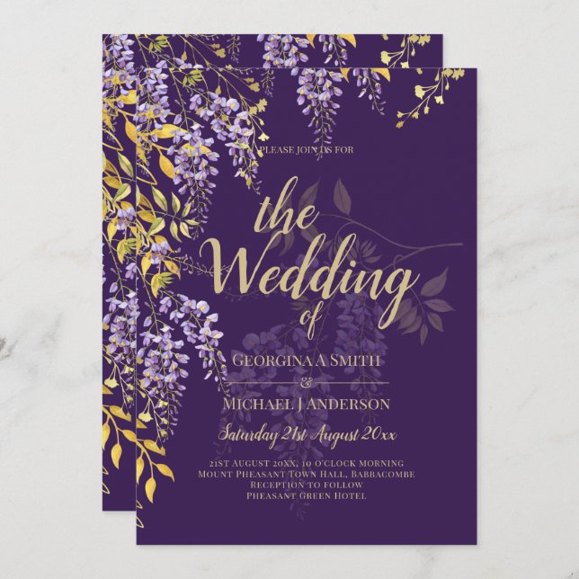 LeahG Purple Gold WISTERIA Floral Wedding INVITE (Front/Back)