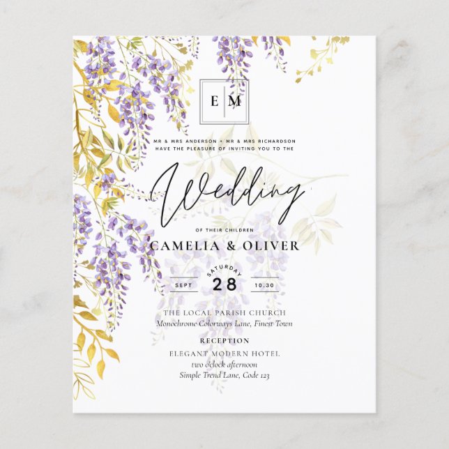 LeahG Purple Gold WISTERIA Floral Wedding INVITE Flyer (Front)