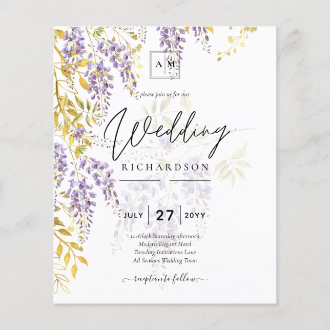 LeahG Purple Gold WISTERIA Floral Wedding INVITE Flyer (Front)