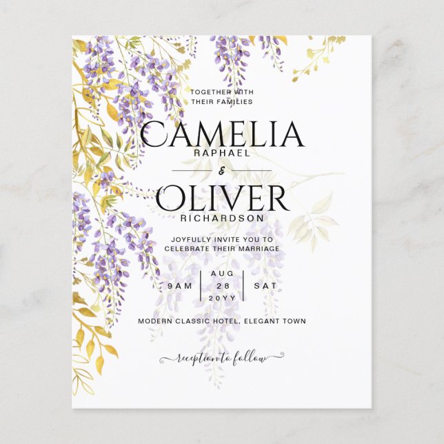 LeahG Purple Gold WISTERIA Floral Wedding INVITE Flyer (Front)