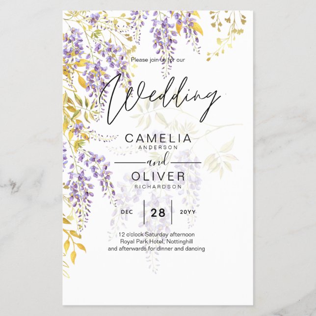 LeahG Purple Gold WISTERIA Floral Wedding INVITE Flyer (Front)
